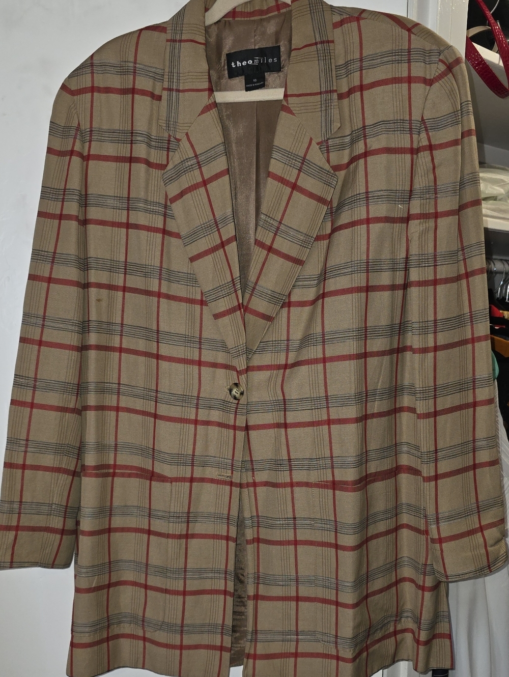 Thea Miles Women's Tan Plaid Blazer with Red Windowpane